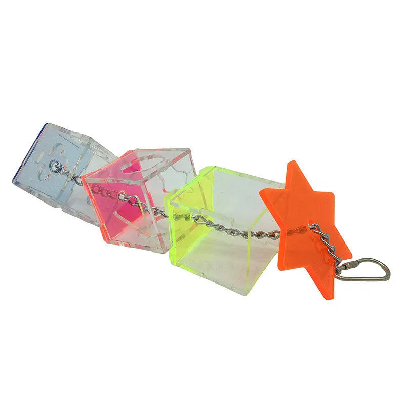 Clear acrylic parrot foraging toy with 5x5x32cm dimensions for bird enrichment