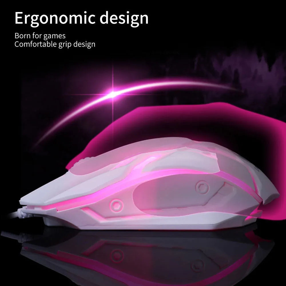 USB wired desktop mouse with colourful glowing lighting effects and black or white colour options