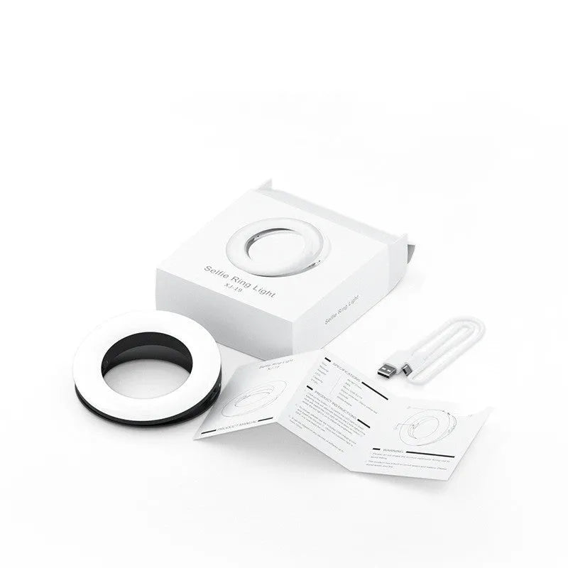 Black USB rechargeable selfie ring light for mobile phone photography with adjustable brightness