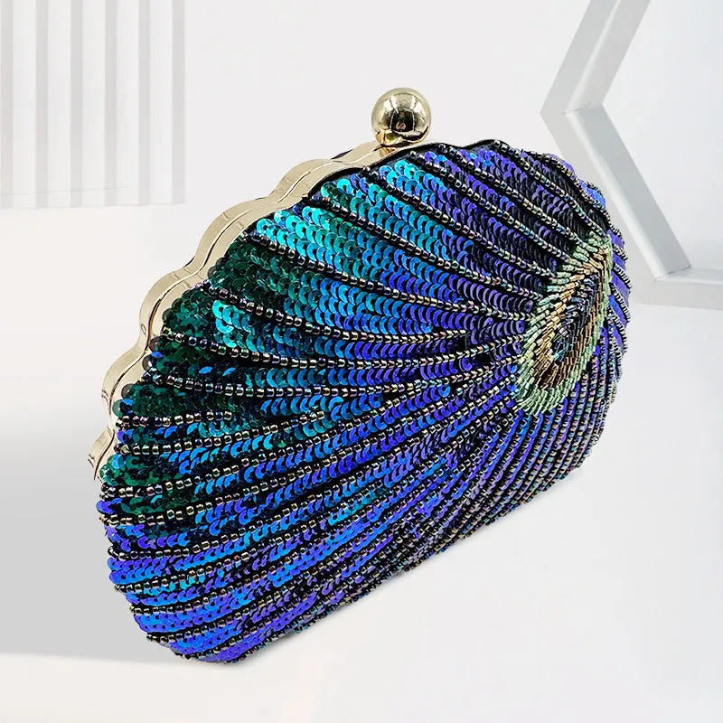Women's vintage beaded one-shoulder crossbody chain handbag with hard shell and silk surface in black