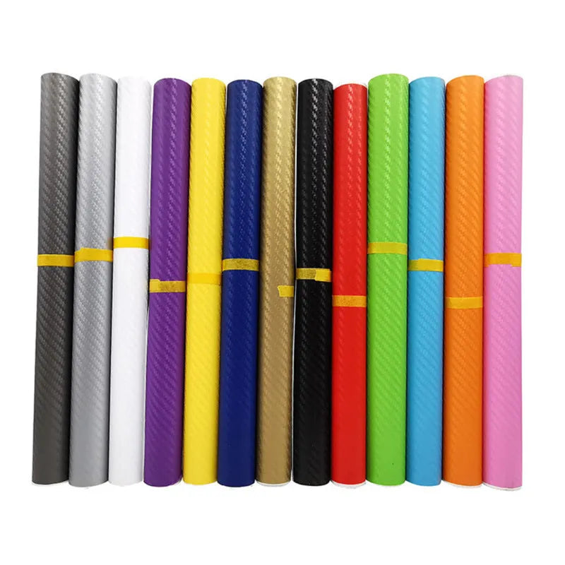 Carbon fibre pattern sticker roll showing eight colour options with 30x127 cm dimensions for car decoration