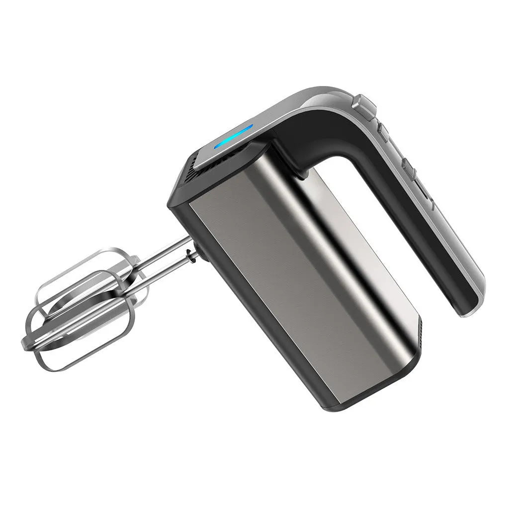 Silver mini electric hand mixer with stainless steel beaters on a 5-speed control dial.