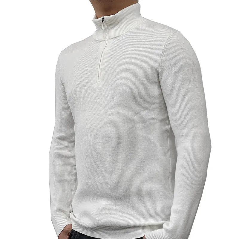 Men's grey half-turtleneck zipper pullover sweater on a hanger