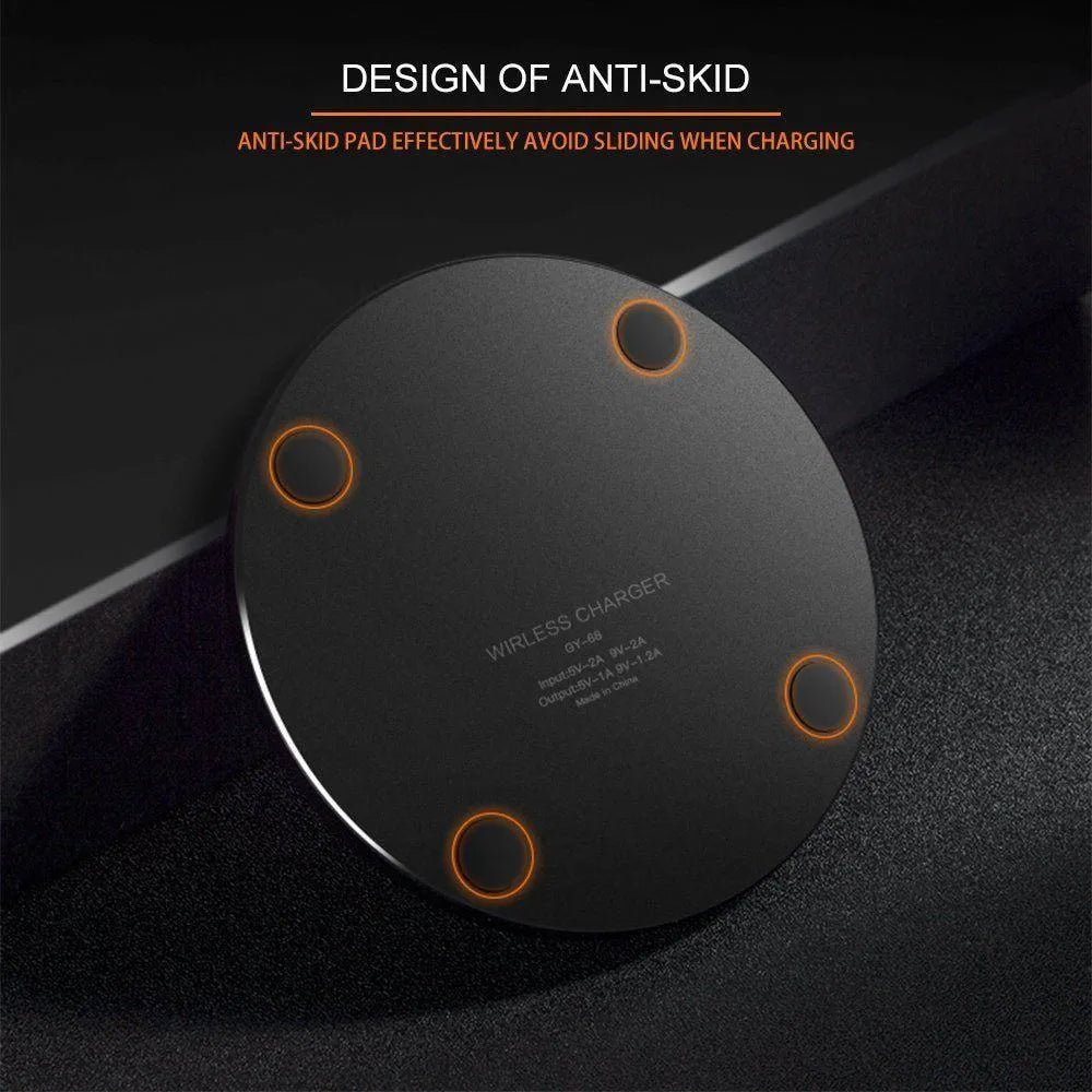 Ultra-thin black wireless fast charging pad with 9V support and 98mm square dimensions