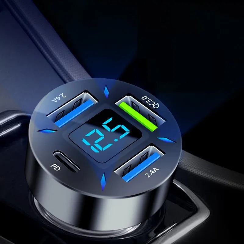 Four-port USB car charger with LED digital display showing charging status