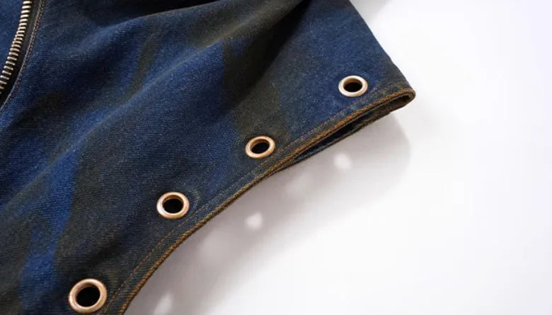 Men's blue hooded denim vest coat with matching trousers, Korean style two-piece set