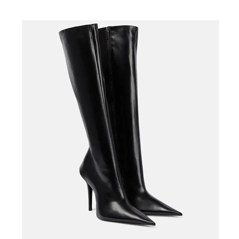 Black women's stiletto heel pointed toe knee-high boots with side zipper