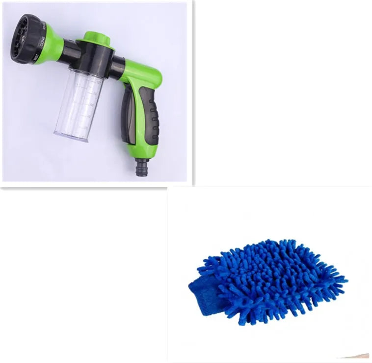 Green high-pressure foam spray gun with adjustable nozzle for car washing and household cleaning tasks