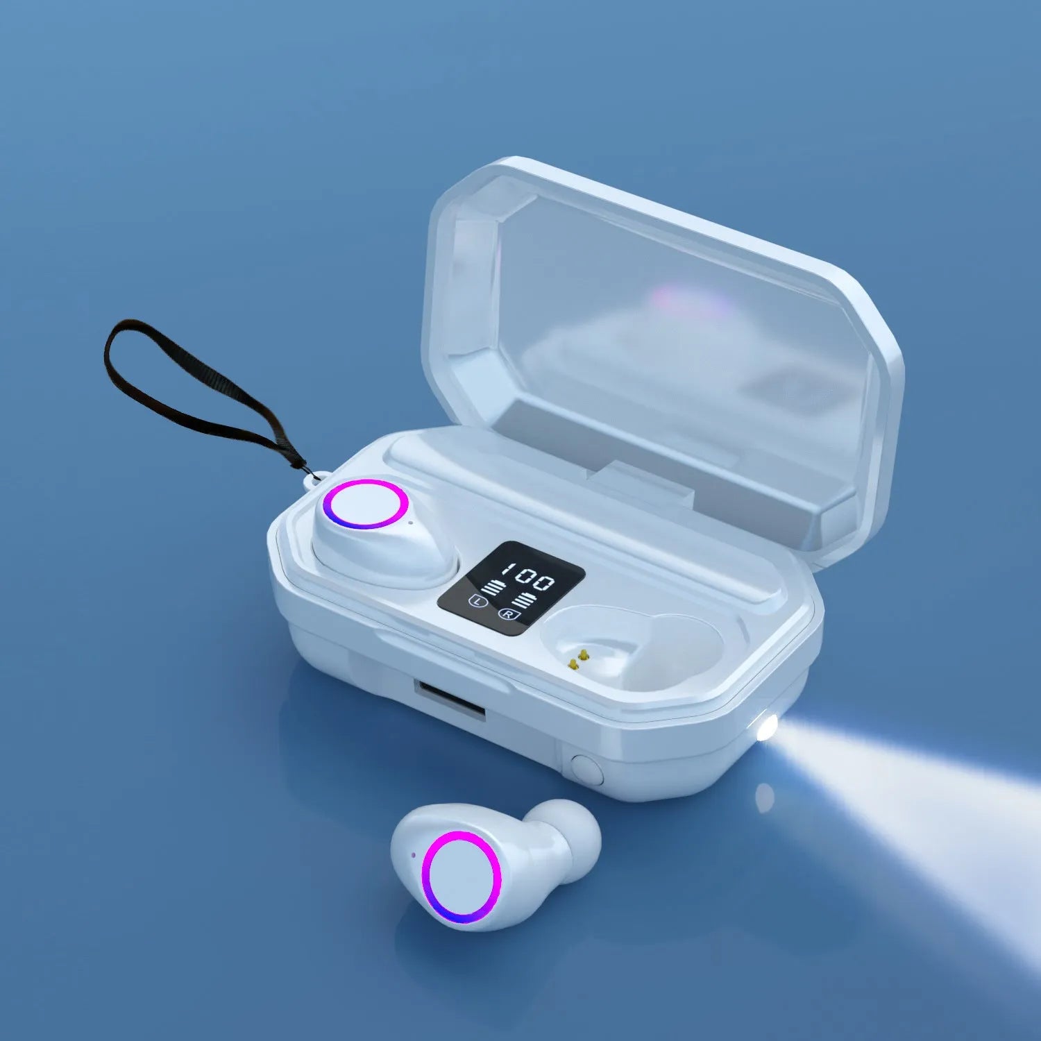 Black wireless Bluetooth in-ear headset with charging case showing LED battery display