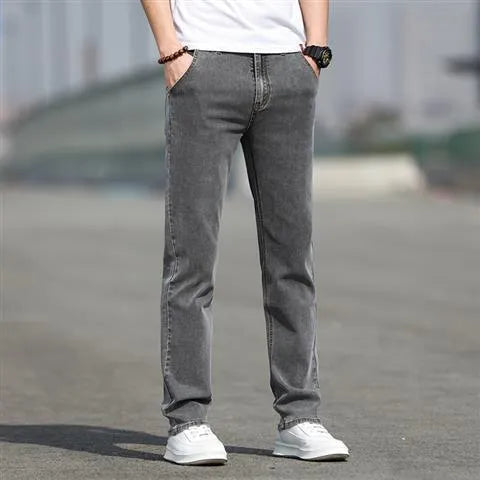 Men's smoky gray straight leg jeans with high elasticity rabbit fur fabric on low waist mannequin