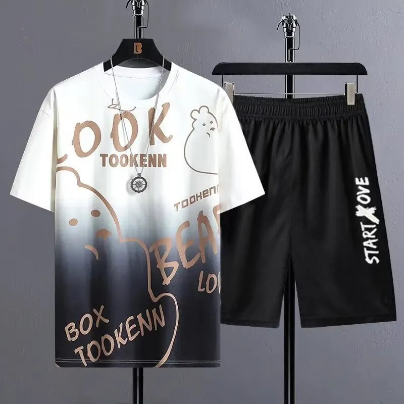 Men's summer sportswear set with short sleeve t-shirt and matching shorts