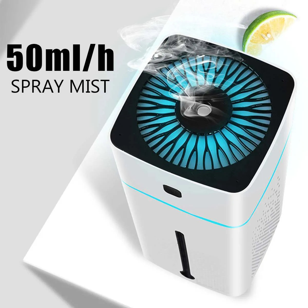 Black or white USB-powered desktop humidifier with 1000ml tank, dimensions 103x103x218mm.