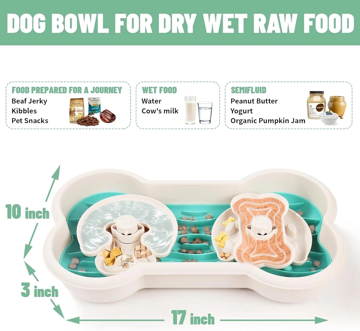Large green slow feeder dog bowl with three-tier puzzle design for dry and wet food