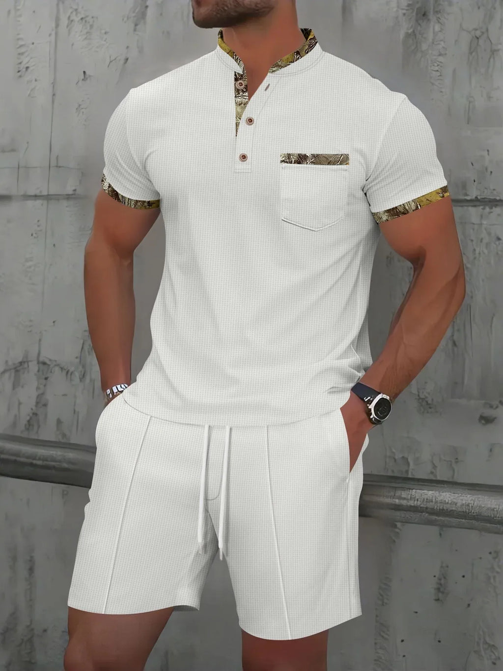 Men's short sleeve waffle polo suit set in solid colour with matching shorts for summer leisure