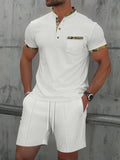 Men's short sleeve waffle polo suit set in solid colour with matching shorts for summer leisure