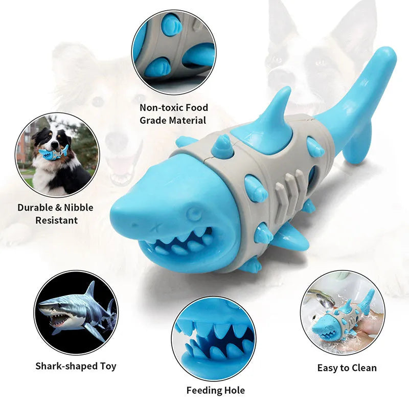 Blue shark-tooth textured dog teething toy with ventilation channels for puppy oral health