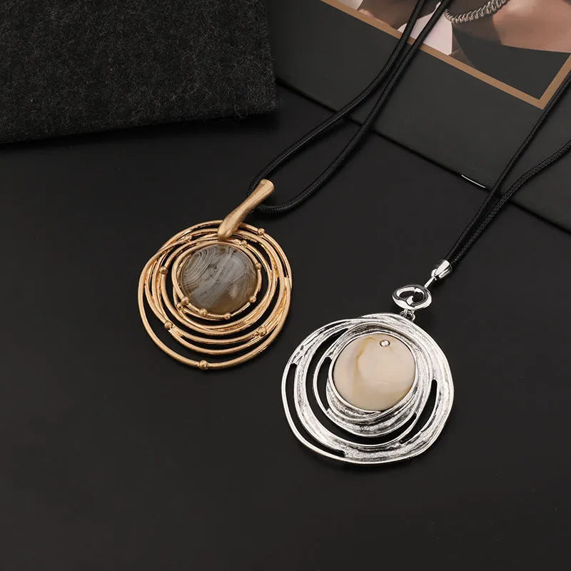 Vintage gold women's sweater chain necklace with geometric plaid pendant on snakeskin wax rope chain
