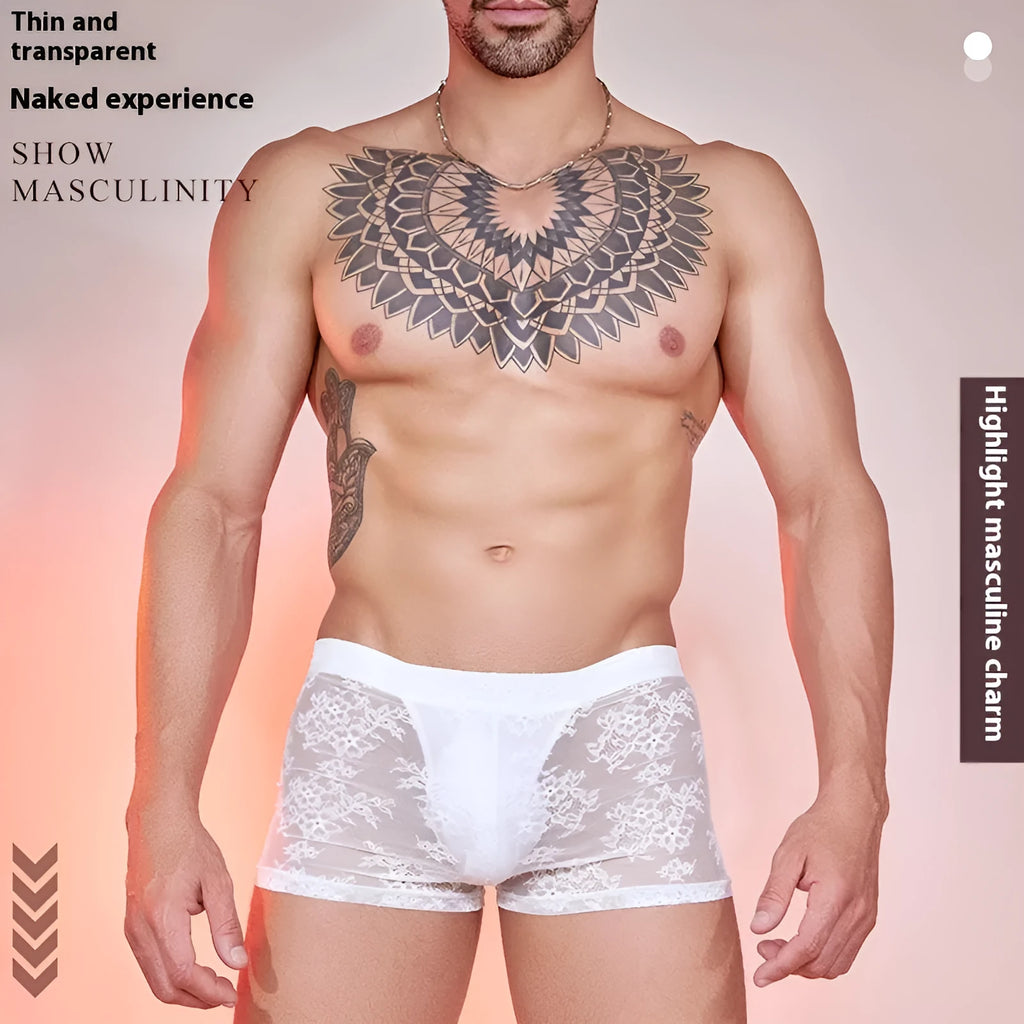 Men's black nylon lace boxers laid flat, showing the free-size fit and textured fabric detail.