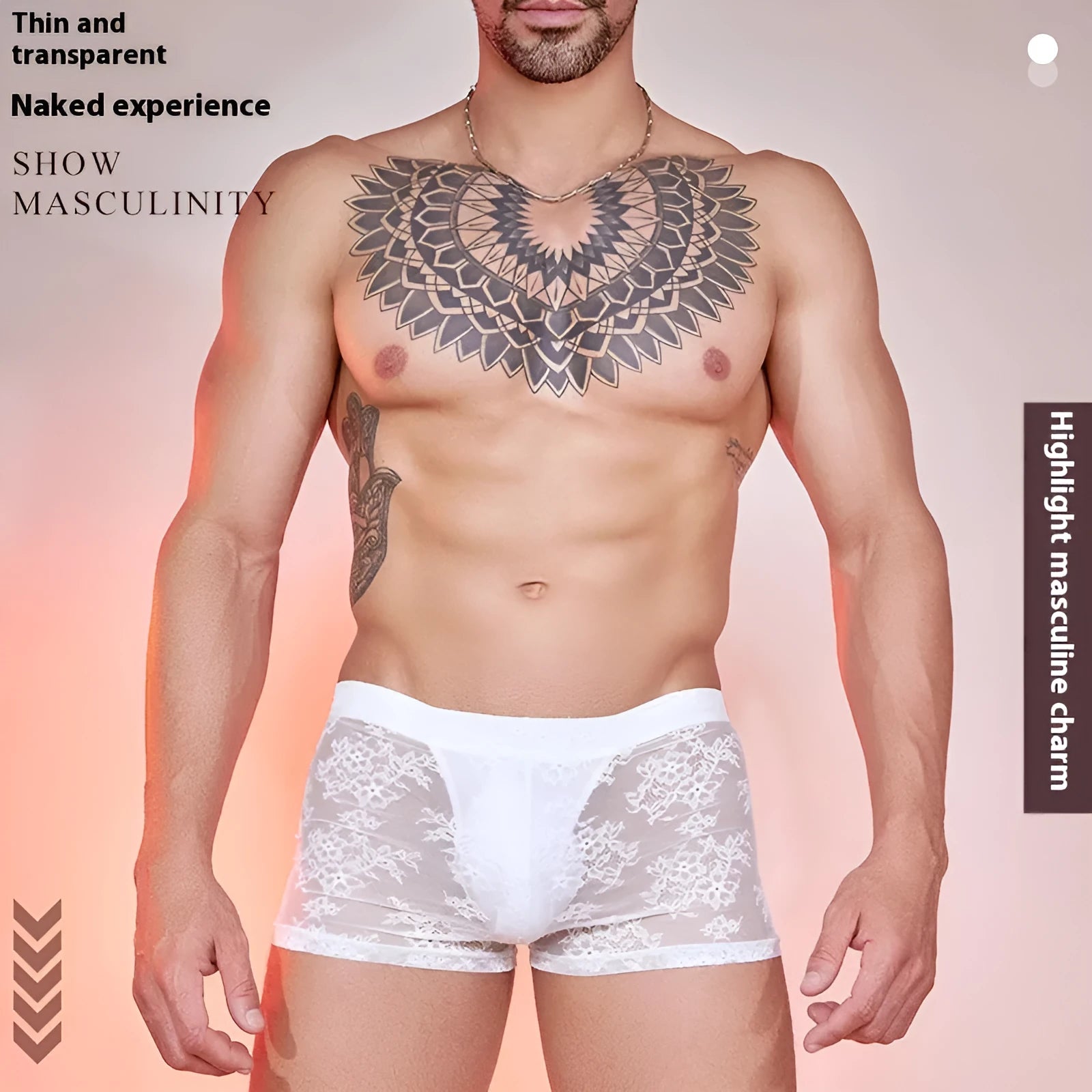 Men's black nylon lace boxers laid flat, showing the free-size fit and textured fabric detail.