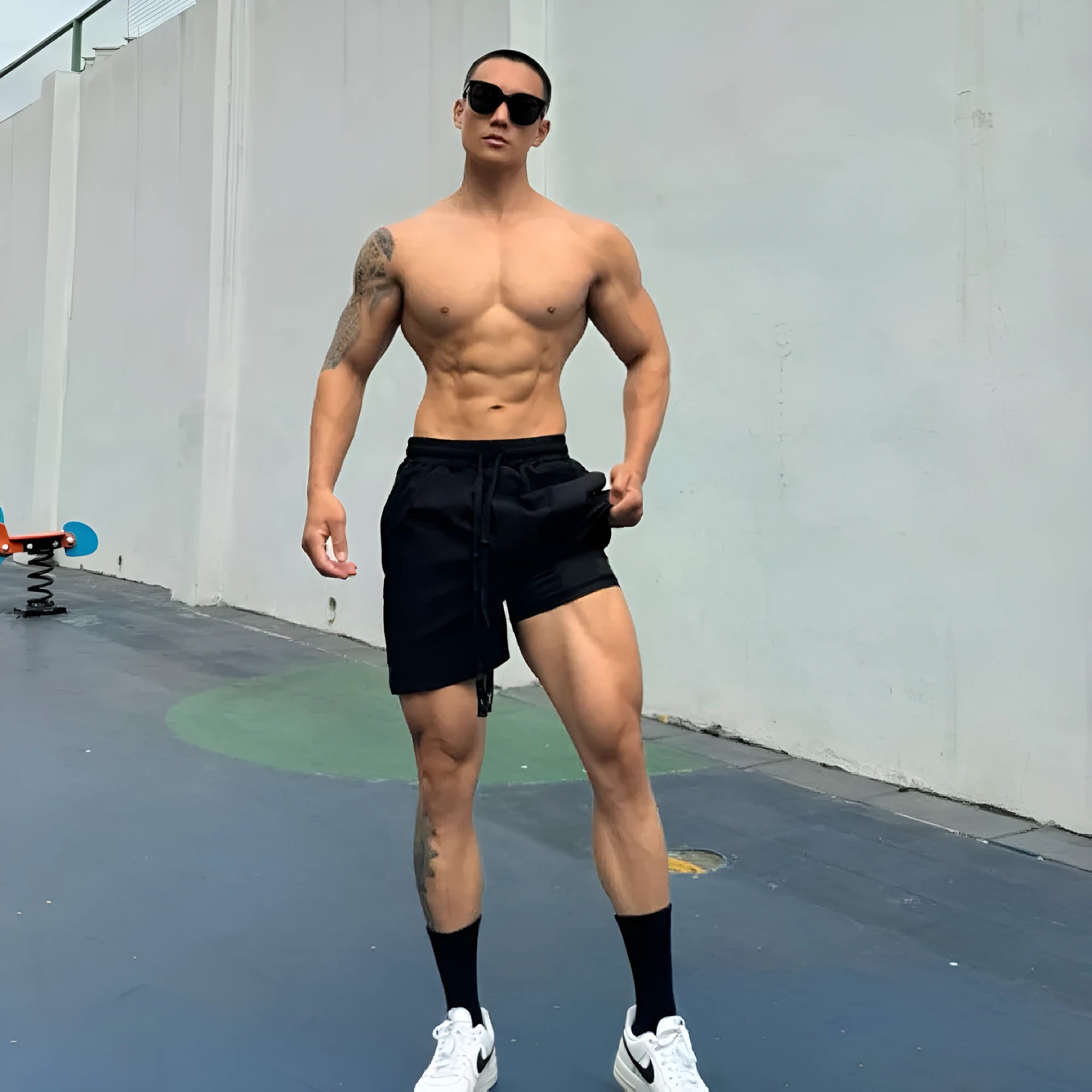 Men's ice silk quick-drying double-layer shorts in six colours with size tags showing M L XL 2XL 3XL