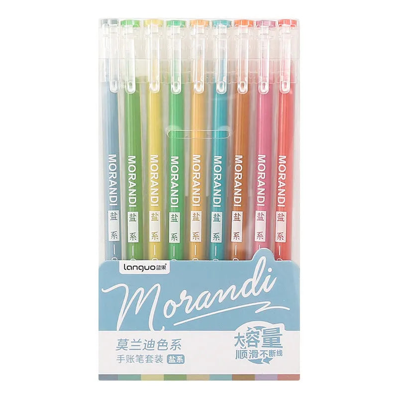 Set of nine cute Japanese colour gel pens with 0.5mm needle tips in retro packaging