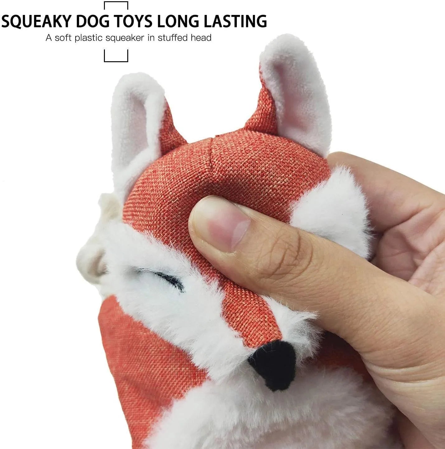 Brown fox dog toy with squeaker in head, crinkle body, and cotton rope arms and legs