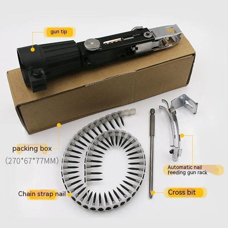 Electric screwdriver chain screw gun head attachment with automatic nail gun mechanism