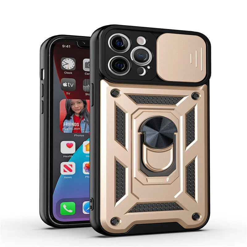 Sergeant sliding window mobile phone case with magnetic bracket on back, shown in blue colour.