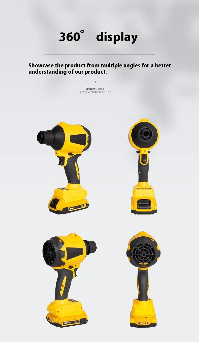 Yellow handheld portable dust blower and inflator pump with trigger and air nozzle.
