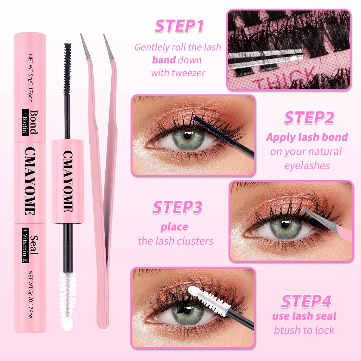 DIY false eyelash extension suit showing cluster segment lashes and application tweezers