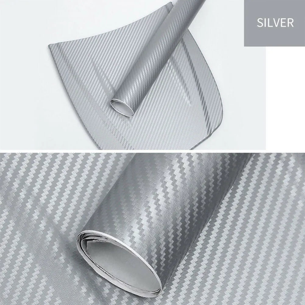 Carbon fibre pattern sticker roll showing eight colour options with 30x127 cm dimensions for car decoration
