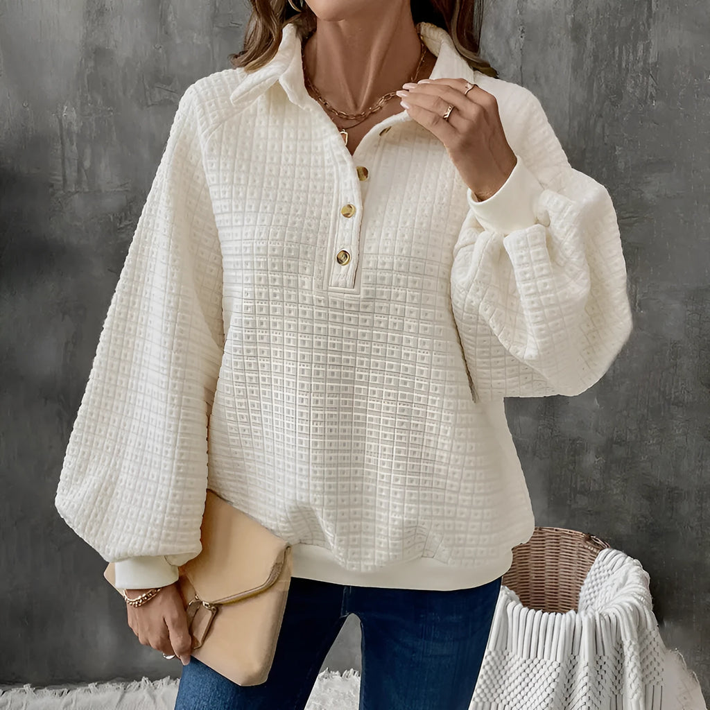 Women's milky white polo collar sweater with long sleeves and a solid colour texture.
