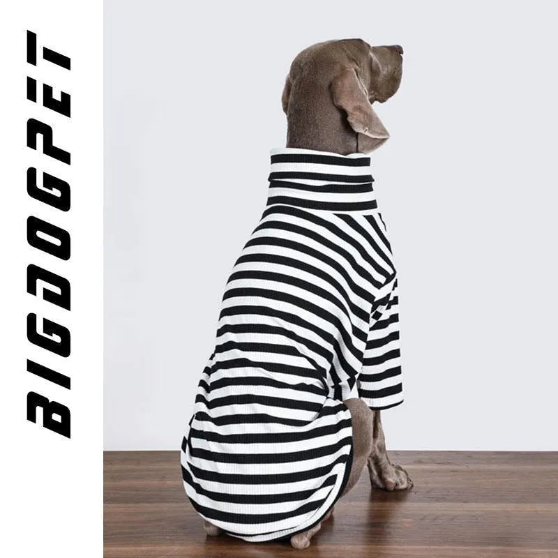 Black and white thin polyester dog jacket for large breeds on a size chart showing M to XXXL.