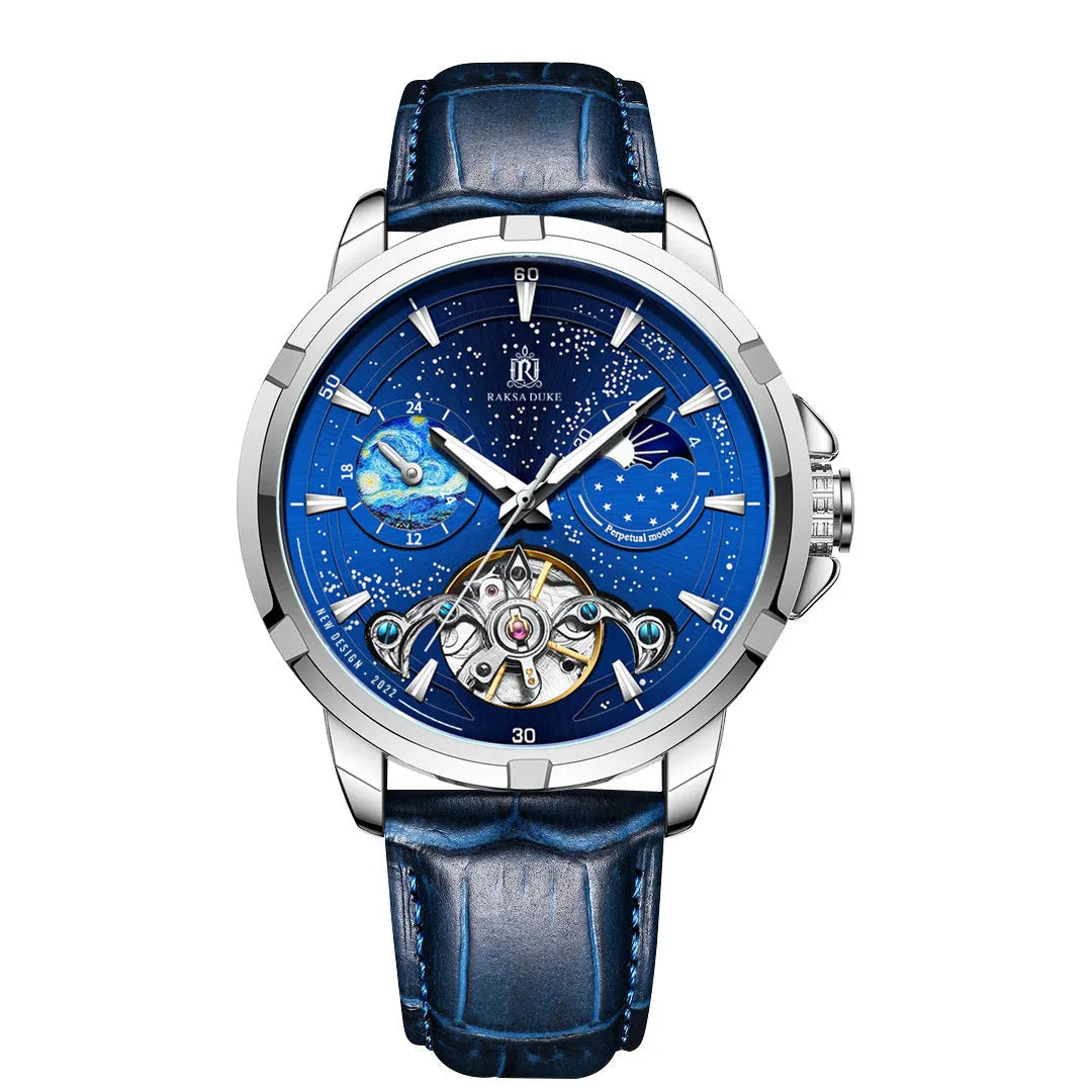 Men's blue dial automatic mechanical watch with steel case and bracelet