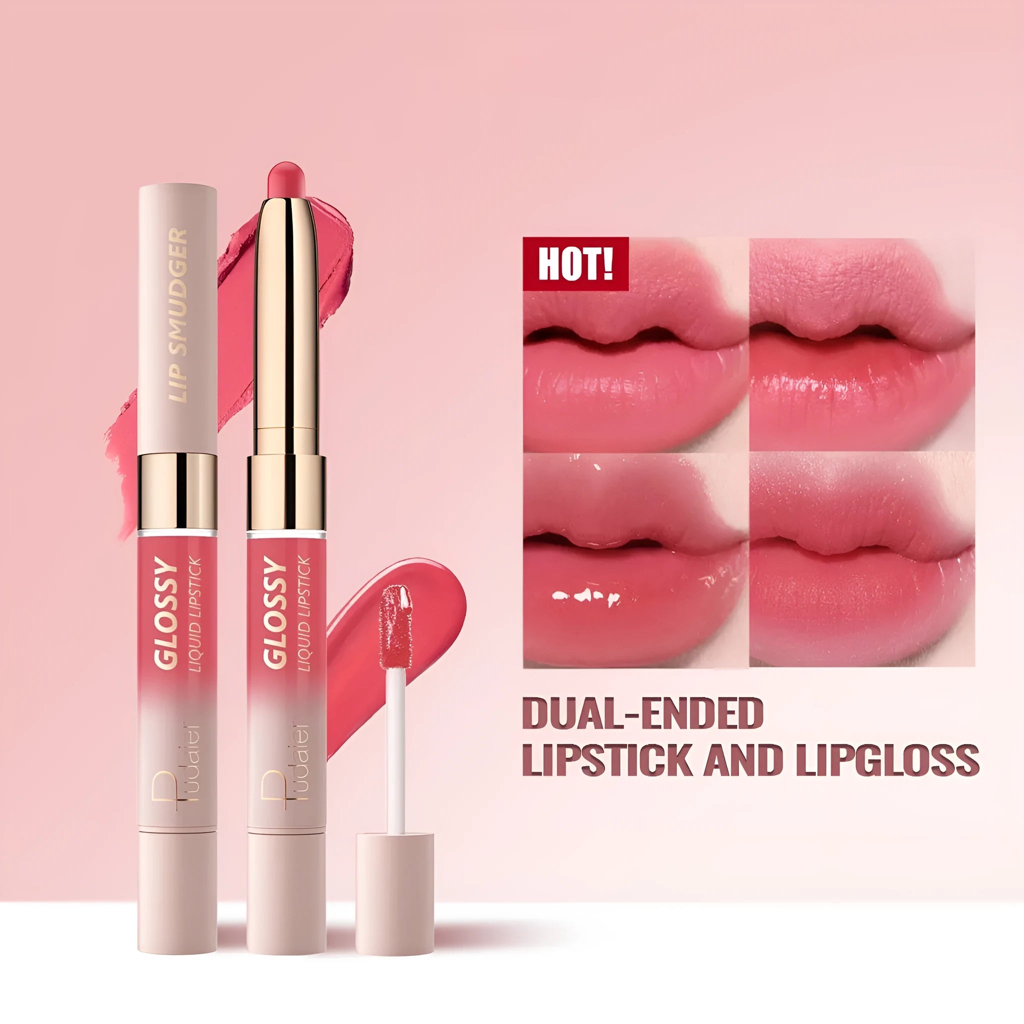 Double-headed lipstick with two colour tips showing matte finish, available in 10 colour variations