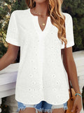 White women's V-neck T-shirt with hollow French short sleeves in loose fit