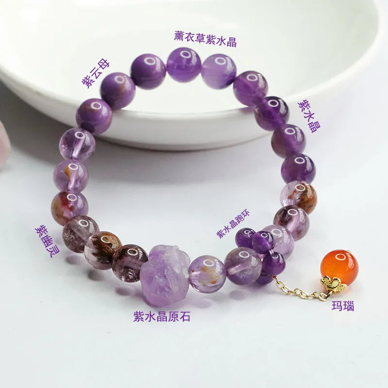 Natural nine purple amethyst and red agate crystal bracelet with Mori style design