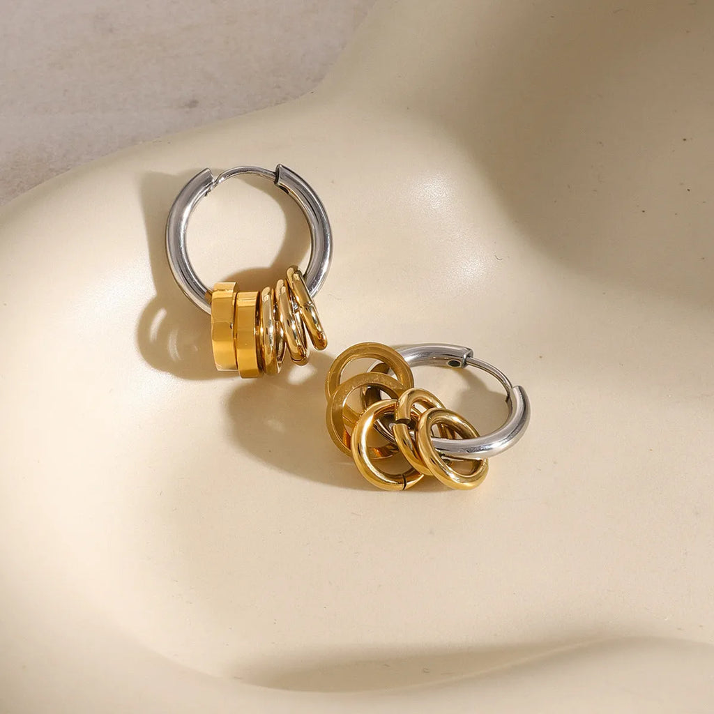 Pair of personality stainless steel color matching earrings with electroplated ins style finish