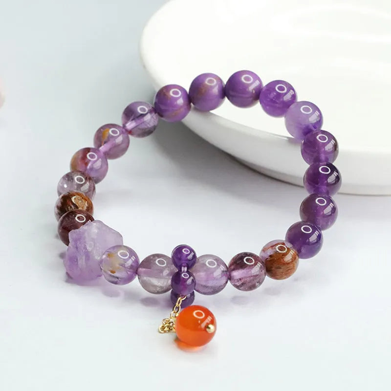 Natural nine purple amethyst and red agate crystal bracelet with Mori style design