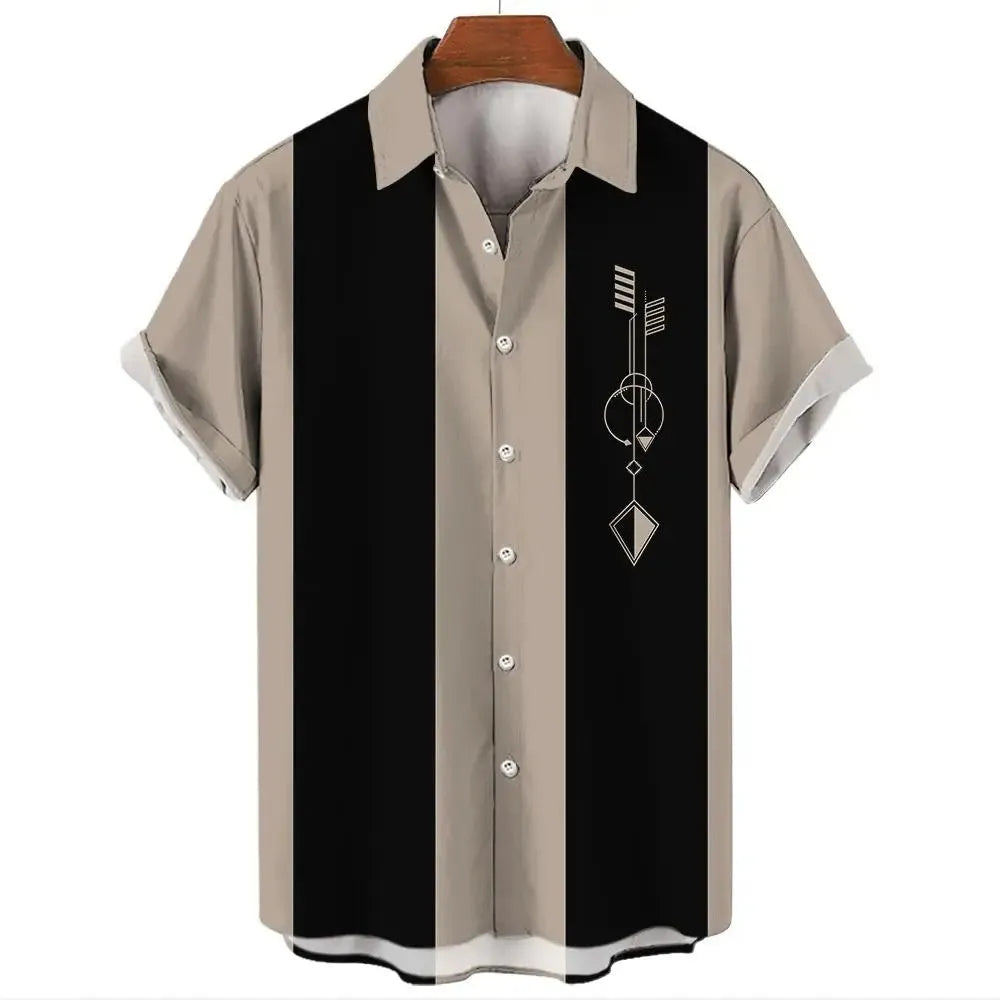 Men's striped Hawaiian casual shirt with button front and short sleeves in elastic polyester fabric
