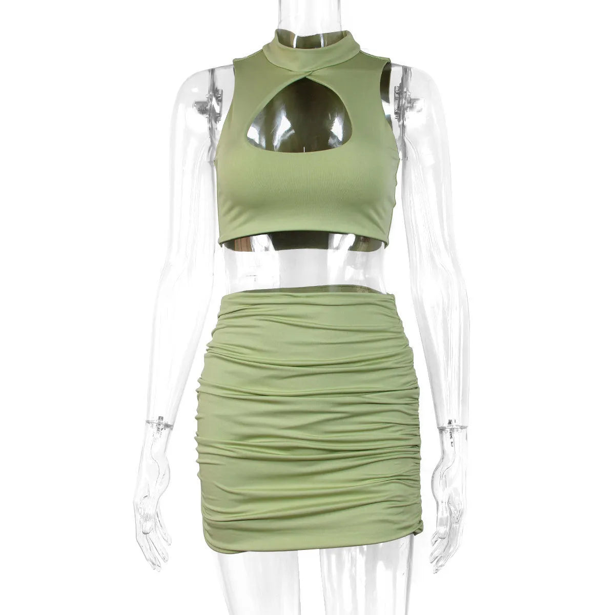 Light purple women's two-piece set with hollow vest top and matching hip skirt