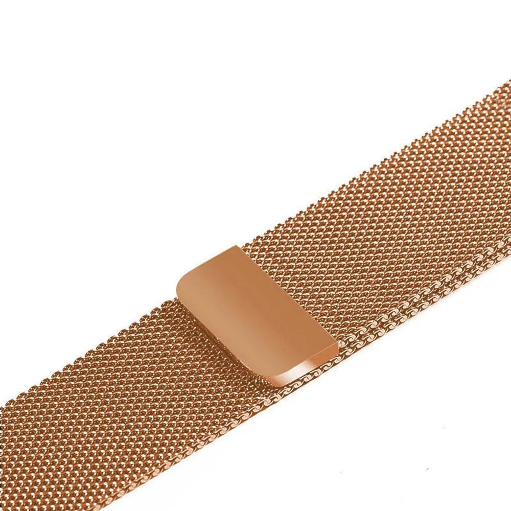 Stainless steel Apple Watch replacement strap in silver, showing metal links and clasp for 38mm-44mm models.