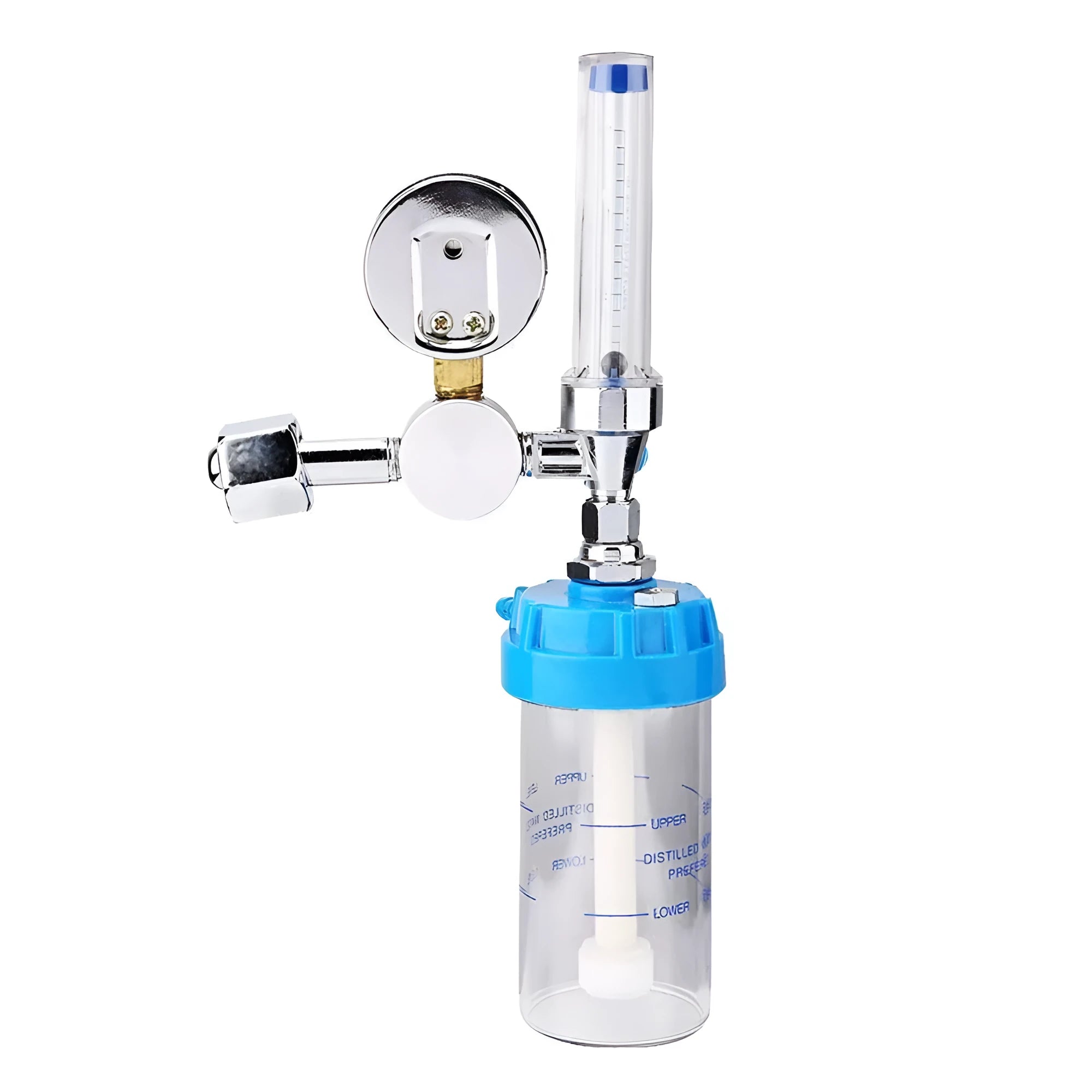 Blue oxygen pressure reducer with 0.25 MPa rated outlet on white background
