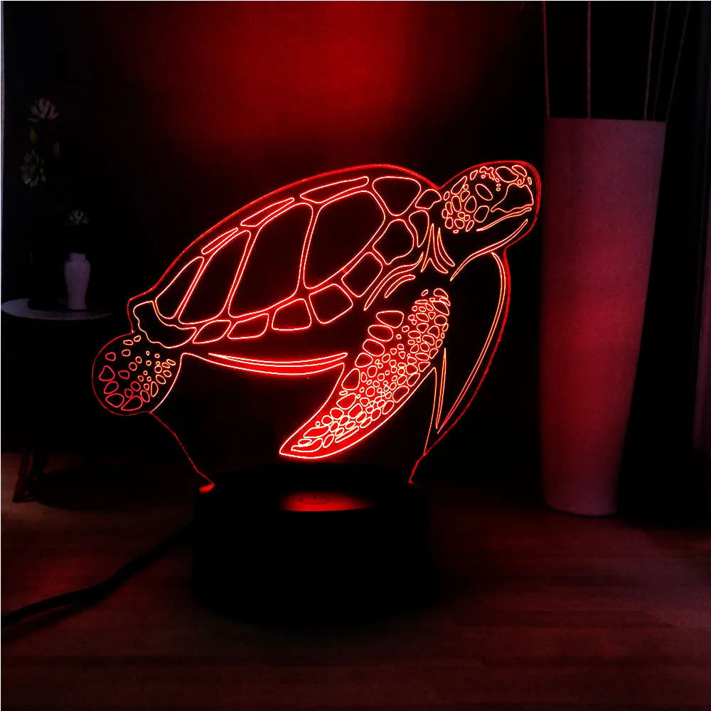 3D LED turtle night light with acrylic base showing multi-colour illumination and remote control