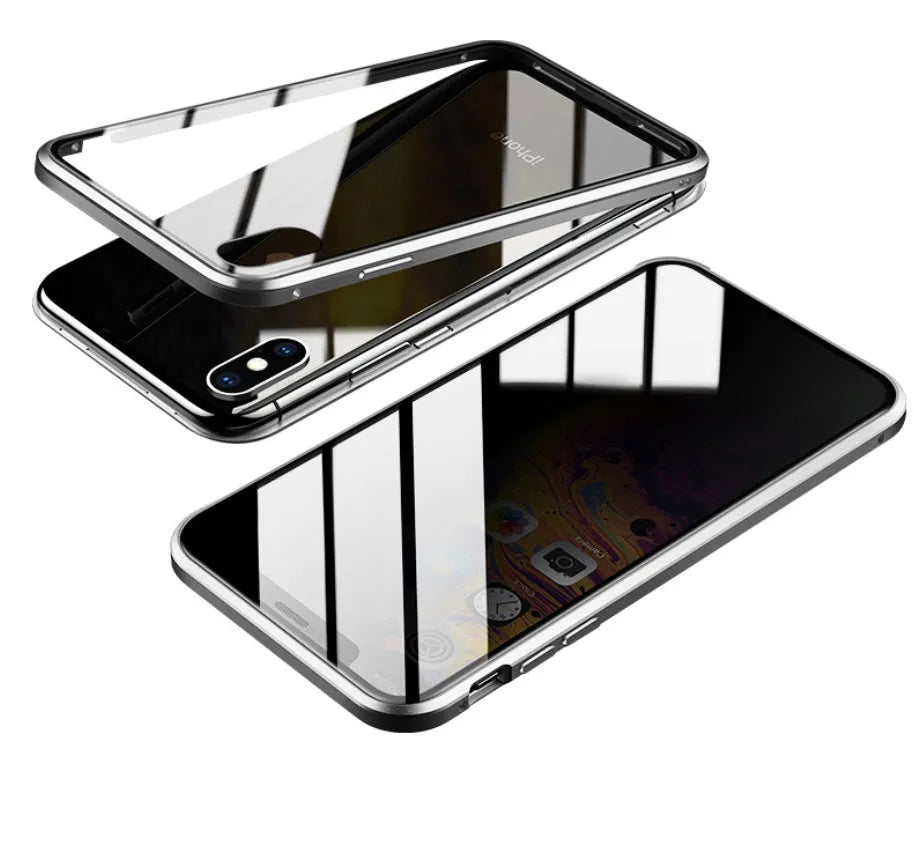 Geometric design aluminium clamshell phone case for iPhone with RFID blocking glass front in six colour options.
