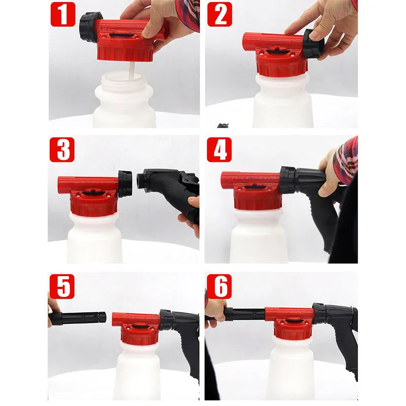 Blue handheld foam pot high pressure water gun for garden spraying on a garden table