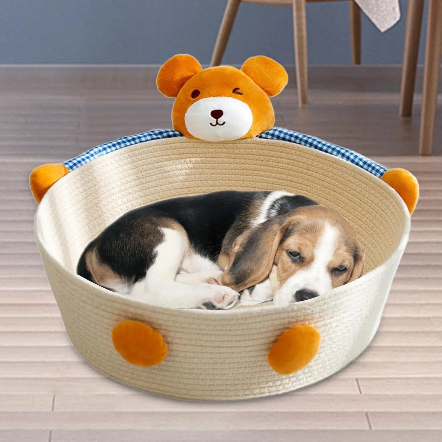 Woven cotton rope cat bed with scratching board in basket design