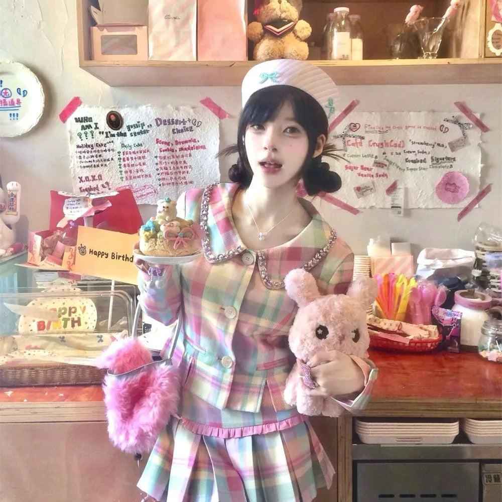 Women's high waist slimming pleated skirt suit set with cashmere long sleeve coat and cap skirt