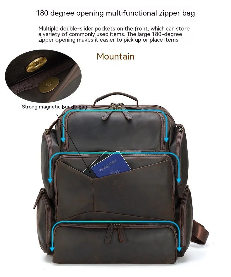 Dark brown retro genuine leather backpack for men with a 17-inch laptop compartment.