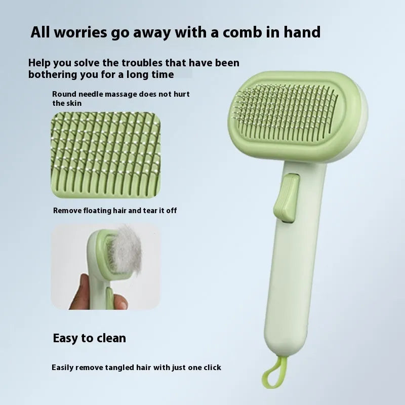 Large pet grooming comb with one-click button in light green, pink, or light grey colour options